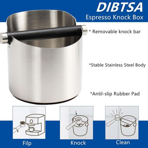 DIBTSA Espresso Knock Box, Stainless Steel Coffee Grounds Knock Box, With Removable Knock Bar and Non-Slip Rubber Base (Silver) in Saudi Arabia