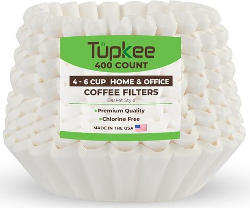Tupkee Coffee Filters 4-6 Cups - 200 Count, Junior Basket Style, White Paper, Chlorine Free 5 Cup Coffee Filter, Made in the USA in Kuwait