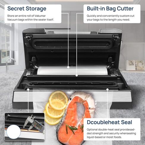 Vacuum Sealer, Vakumar 90Kpa Food Vacuum Sealer Machine Built-in Cutter & Bag Storage, Food Preservation Dry/Moist /Liquid Mode, Perfect for Liquid-Rich Foods Including Fresh Meats, Marinades, Sauces and More, Handle Locked Design in Kuwait