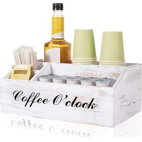 منظم محطة القهوة، منظم ملحقات طاولة القهوة الخشبي لسطح الطاولة، منظم توابل القهوة بلون ابيض ريفي، حامل اكواب القهوة بتصميم المزرعة، حامل اكواب كيه لتزيين المقهى والمطبخ والمكتب in Kuwait