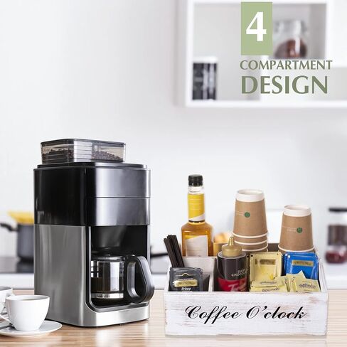 منظم محطة القهوة، منظم ملحقات طاولة القهوة الخشبي لسطح الطاولة، منظم توابل القهوة بلون ابيض ريفي، حامل اكواب القهوة بتصميم المزرعة، حامل اكواب كيه لتزيين المقهى والمطبخ والمكتب in Kuwait