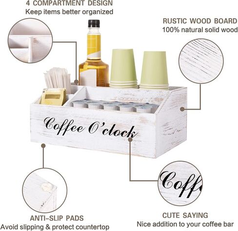 منظم محطة القهوة، منظم ملحقات طاولة القهوة الخشبي لسطح الطاولة، منظم توابل القهوة بلون ابيض ريفي، حامل اكواب القهوة بتصميم المزرعة، حامل اكواب كيه لتزيين المقهى والمطبخ والمكتب in Kuwait