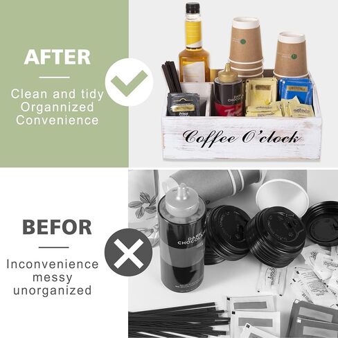 منظم محطة القهوة، منظم ملحقات طاولة القهوة الخشبي لسطح الطاولة، منظم توابل القهوة بلون ابيض ريفي، حامل اكواب القهوة بتصميم المزرعة، حامل اكواب كيه لتزيين المقهى والمطبخ والمكتب in Kuwait