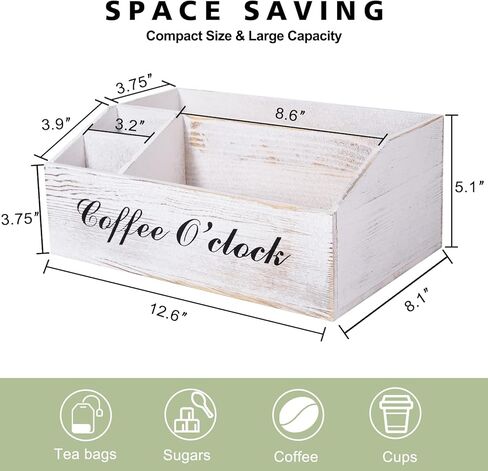 منظم محطة القهوة، منظم ملحقات طاولة القهوة الخشبي لسطح الطاولة، منظم توابل القهوة بلون ابيض ريفي، حامل اكواب القهوة بتصميم المزرعة، حامل اكواب كيه لتزيين المقهى والمطبخ والمكتب in Kuwait