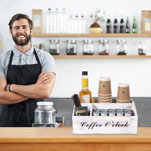 منظم محطة القهوة، منظم ملحقات طاولة القهوة الخشبي لسطح الطاولة، منظم توابل القهوة بلون ابيض ريفي، حامل اكواب القهوة بتصميم المزرعة، حامل اكواب كيه لتزيين المقهى والمطبخ والمكتب in Kuwait