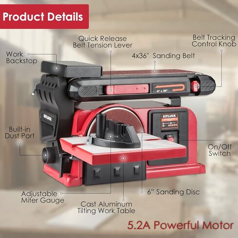 مجموعة ماكينة صنفرة قرص الحزام KITLUCK، ماكينة صنفرة حزام المقعد 5.2A مع حزام 4 بوصة × 36 بوصة وقرص 6 بوصة، مع قطعتين من ورق الصنفرة القابل للاستبدال، وقاعدة فولاذية، وأداة صنفرة قرص الحزام على سطح الطاولة لأعمال النجارة والأعمال المعدنية in Kuwait