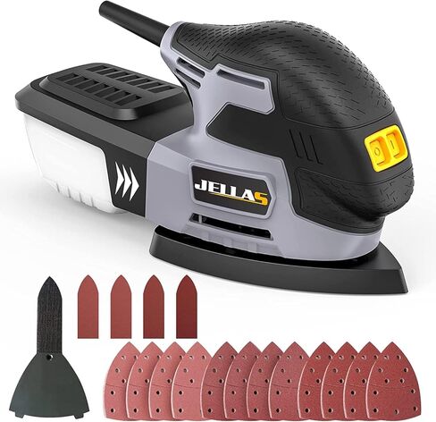 JELLAS Electric Detail Sander, 220W Compact Sander Machine for Wood, 13,000 RPM Sanders with Dust Collection, 16PCS Sandpapers, Finger Sanding Attachment and Sanding Pad Included, MS220T in Kuwait