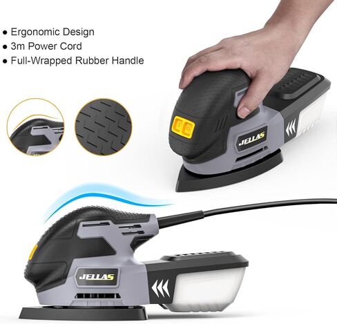 JELLAS Electric Detail Sander, 220W Compact Sander Machine for Wood, 13,000 RPM Sanders with Dust Collection, 16PCS Sandpapers, Finger Sanding Attachment and Sanding Pad Included, MS220T in Kuwait