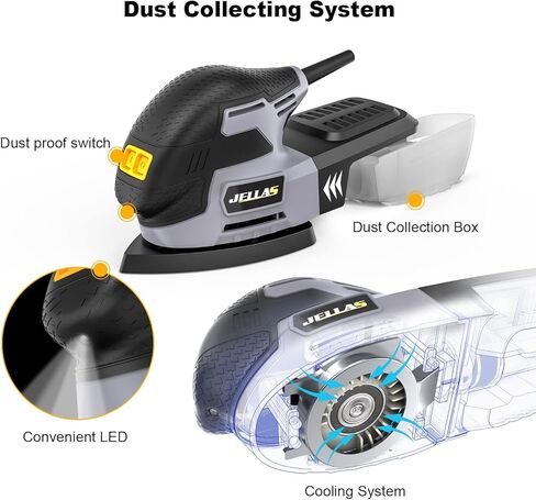 JELLAS Electric Detail Sander, 220W Compact Sander Machine for Wood, 13,000 RPM Sanders with Dust Collection, 16PCS Sandpapers, Finger Sanding Attachment and Sanding Pad Included, MS220T in Kuwait