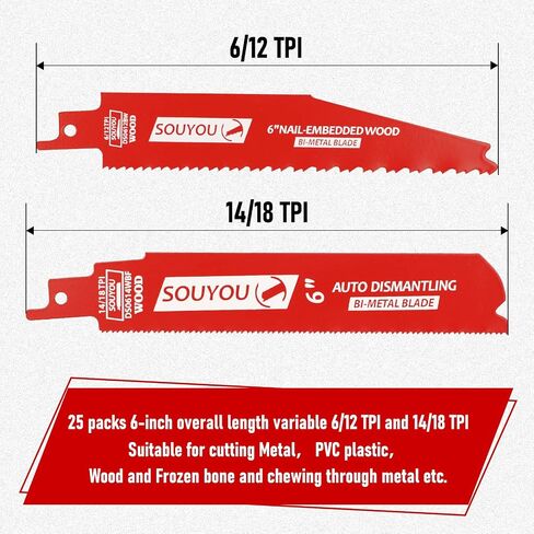 25 Pack 6 in 14/18 TPI Bi-Metal Reciprocating Saw Blades with Organizer Carbide Alloy Steel for Automobile Dismantling Metal Steel Cutting Non-Stick Coated for Less Heat for 1/16-5/16 Medium Metals in Saudi Arabia