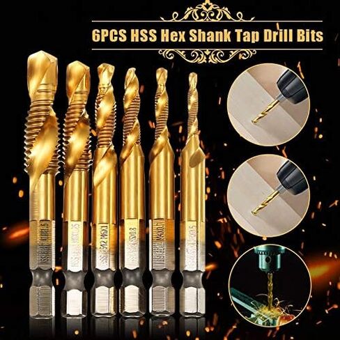 6pcs Metric Thread Tap Tool Set,M3-M10 Coated HSS Drill and Tap Bits 1/4" Hex Shank Screw Taps Tool Set in Saudi Arabia