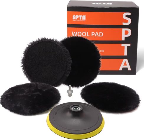 Wool Buffing Polishing Pad, SPTA 3 Inch (75mm) Lambwool Wool Buffing polishing Pads With Pad Clean Tool, 6 Pcs Kit with Hook & Loop 5/8"-11 Thread Drill Adapter for Car Polishing and Buffing QA0798SET in Saudi Arabia