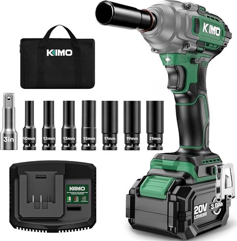 KIMO Impact Wrench 1/2 Inch, Cordless Impact Wrench Kit w/Premium Brake Stop, 7 Sockets, 1/2 Impact Gun, Brushless High Torque Impact Driver with 350 ft-lbs (475N.m) & 3000 RPM and Battery & Charger in Kuwait