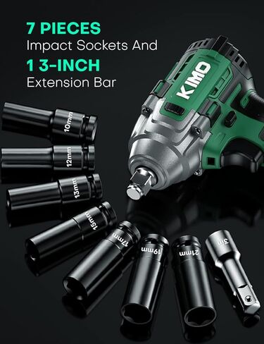KIMO Impact Wrench 1/2 Inch, Cordless Impact Wrench Kit w/Premium Brake Stop, 7 Sockets, 1/2 Impact Gun, Brushless High Torque Impact Driver with 350 ft-lbs (475N.m) & 3000 RPM and Battery & Charger in Kuwait