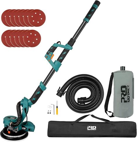 ماكينة صنفرة الحوائط الجافة، ماكينة تلميع الجدران الكهربائية المحمولة Prostormer بقدرة 800 واط مع ضوء LED، نظام تجميع الغبار الأوتوماتيكي، 13 قطعة من ورق الصنفرة وحقيبة جمع الغبار in Kuwait