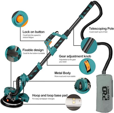 ماكينة صنفرة الحوائط الجافة، ماكينة تلميع الجدران الكهربائية المحمولة Prostormer بقدرة 800 واط مع ضوء LED، نظام تجميع الغبار الأوتوماتيكي، 13 قطعة من ورق الصنفرة وحقيبة جمع الغبار in Kuwait