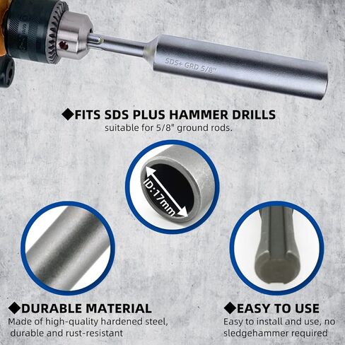 Aresmro SDS Plus محرك قضيب أرضي لقضبان التأريض 5/8 بوصة، 0.67 بوصة × 6.69 بوصة (17 × 170 مم)، ساق قطر 10 مم يناسب Bosch Dewalt Milwaukee Hilti وغيرها من مثقاب المطرقة الدوارة SDS-Plus in Kuwait