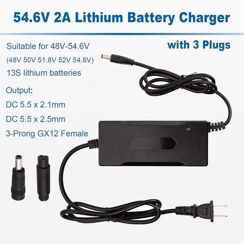 SOLEILLUNE 54.6V 2A شاحن بطارية محول التيار الكهربائي لحزمة بطارية ليثيوم أيون 48V 50V 52V 13S مع 3 مقابس (5.5 × 2.1 مم / 5.5 × 2.5 مم قابس DC دائري / GX12 3 أطراف مضمنة أنثى) in Kuwait