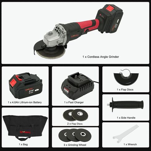 مطحنة زاوية لاسلكية 20 فولت من BeHappy، مطحنة زاوية كهربائية بدون فرشاة 4-1/2 بوصة مع بطارية 4.0 أمبير وشاحن سريع، عجلات طحن 4-1/2 بوصة، عجلات قطع، أقراص رفرف ومقبض مساعد قابل للتعديل in Kuwait