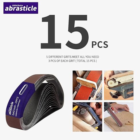 15 Pcs 2 x 42 Inch Assorted Aluminum Oxide Sanding Belt - 80/120/150/240/400 Grit in Saudi Arabia