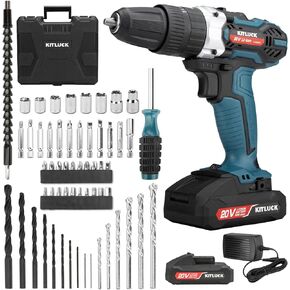 مجموعة مثقاب لاسلكية KITLUCK، طقم مثقاب كهربائي 20 فولت مع بطارية وشاحن 2.0AH، 58 قطعة مثقاب/محرك، مقياس المستوى، مثقاب كهربائي مع 32 نانومتر كحد أقصى، ظرف 3/8 بوصة، 21+3 موضع، 2 سرعة متغيرة in Kuwait