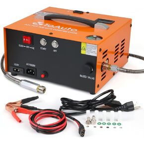 TOAUTO A2 PCP Air Compressor, Auto-Stop, Portable 4500Psi/30Mpa, Oil/Water-Free, 8MM Quick-Connector HPA Compressor for Paintball/PCP Air Rifle/Scuba Tank, Powered by Home 110V AC or 12V Car DC（Blue）