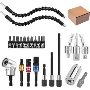 24pcs Flexible Drill Bit Extension Set, 105°Right Angle Drill Attachmen, Rotatable Joint Socket 1/4 3/8 1/2 Inch Hex Socket Adapter Socket Screwdriver with a Box (Black)