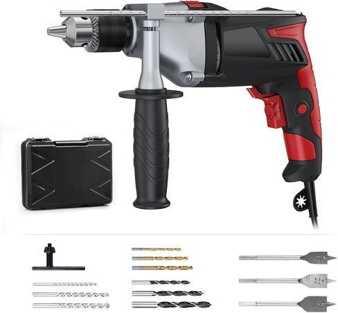 DEKOPRO 8Amp 1/2-inch Corded Impact Drill with 12pcs Accessories, Variable Speed 0-2800, Hammer and Drill 2 Functions in 1, 360°Rotating Handle, Depth Gauge, Carrying Case Included in Saudi Arabia