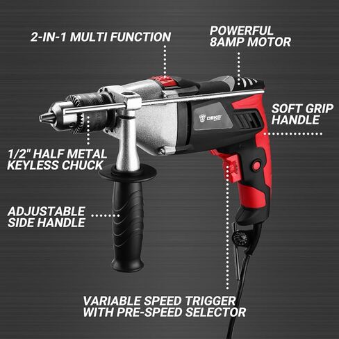 DEKOPRO 8Amp 1/2-inch Corded Impact Drill with 12pcs Accessories, Variable Speed 0-2800, Hammer and Drill 2 Functions in 1, 360°Rotating Handle, Depth Gauge, Carrying Case Included in Saudi Arabia