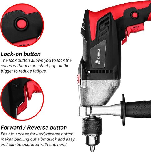 DEKOPRO 8Amp 1/2-inch Corded Impact Drill with 12pcs Accessories, Variable Speed 0-2800, Hammer and Drill 2 Functions in 1, 360°Rotating Handle, Depth Gauge, Carrying Case Included in Saudi Arabia