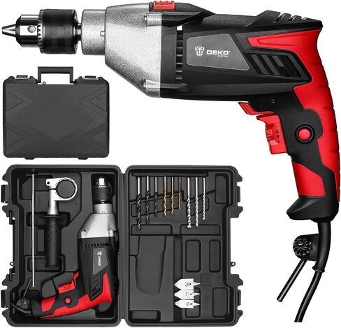 DEKOPRO 8Amp 1/2-inch Corded Impact Drill with 12pcs Accessories, Variable Speed 0-2800, Hammer and Drill 2 Functions in 1, 360°Rotating Handle, Depth Gauge, Carrying Case Included in Saudi Arabia