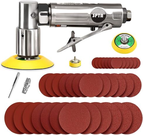 SPTA Mini Air Angle Sander Grinder Air Random Palm Sander Air Orbital Sander with M6 Backing Plate Car Polisher Sets with 36Pcs Mix Grit 80mm, 50mm, 25mm Sanding Disc Sanding Pads in Kuwait