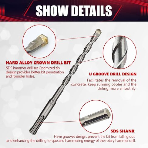 wesleydrill Rotary Hammer Drill Bit Set 8 Pcs SDS-Plus Drill Bits Fit for Fast Drilling in Block, Masonry and Concrete in Kuwait