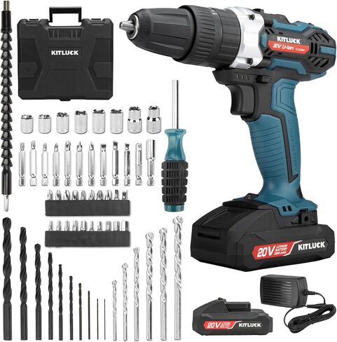 مجموعة مثقاب لاسلكية KITLUCK، طقم مثقاب كهربائي 20 فولت مع بطارية وشاحن 2.0AH، 58 قطعة مثقاب/محرك، مقياس المستوى، مثقاب كهربائي مع 32 نانومتر كحد أقصى، ظرف 3/8 بوصة، 21+3 موضع، 2 سرعة متغيرة in Kuwait