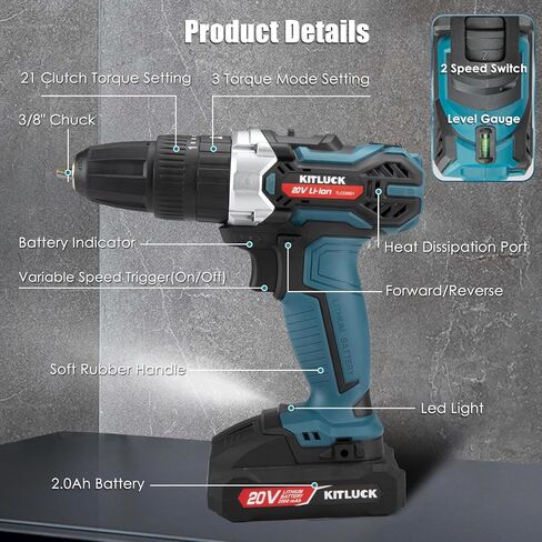 مجموعة مثقاب لاسلكية KITLUCK، طقم مثقاب كهربائي 20 فولت مع بطارية وشاحن 2.0AH، 58 قطعة مثقاب/محرك، مقياس المستوى، مثقاب كهربائي مع 32 نانومتر كحد أقصى، ظرف 3/8 بوصة، 21+3 موضع، 2 سرعة متغيرة in Kuwait