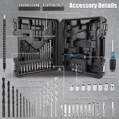 مجموعة مثقاب لاسلكية KITLUCK، طقم مثقاب كهربائي 20 فولت مع بطارية وشاحن 2.0AH، 58 قطعة مثقاب/محرك، مقياس المستوى، مثقاب كهربائي مع 32 نانومتر كحد أقصى، ظرف 3/8 بوصة، 21+3 موضع، 2 سرعة متغيرة in Kuwait