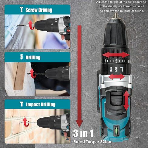مجموعة مثقاب لاسلكية KITLUCK، طقم مثقاب كهربائي 20 فولت مع بطارية وشاحن 2.0AH، 58 قطعة مثقاب/محرك، مقياس المستوى، مثقاب كهربائي مع 32 نانومتر كحد أقصى، ظرف 3/8 بوصة، 21+3 موضع، 2 سرعة متغيرة in Kuwait