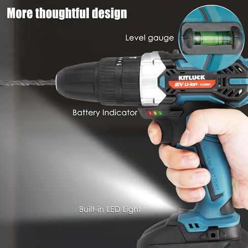 مجموعة مثقاب لاسلكية KITLUCK، طقم مثقاب كهربائي 20 فولت مع بطارية وشاحن 2.0AH، 58 قطعة مثقاب/محرك، مقياس المستوى، مثقاب كهربائي مع 32 نانومتر كحد أقصى، ظرف 3/8 بوصة، 21+3 موضع، 2 سرعة متغيرة in Kuwait