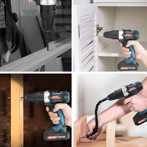 مجموعة مثقاب لاسلكية KITLUCK، طقم مثقاب كهربائي 20 فولت مع بطارية وشاحن 2.0AH، 58 قطعة مثقاب/محرك، مقياس المستوى، مثقاب كهربائي مع 32 نانومتر كحد أقصى، ظرف 3/8 بوصة، 21+3 موضع، 2 سرعة متغيرة in Kuwait