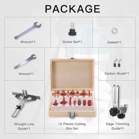 أداة توجيه الخشب المدمجة من DCRMMRT - 15 قطعة 1/4 بوصة لقم توجيه النجارة الكهربائية 1.25 حصان محمولة بسلك النخيل 800 وات in Kuwait