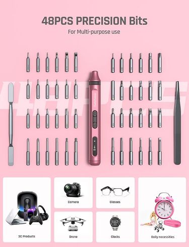 Soleilwear Mini Electric Screwdriver, 52 in 1 Electric Screwdriver Kit with 48 Magnetic Bits, Twilight Pink Precision Screwdriver Cordless Repair Tool with Tweezers and Pry Bar in Kuwait