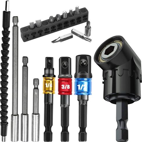 Impact Grade Driver Sockets Adapter Drill Extension Set: 3Pcs 1/4 3/8 1/2" Hex Shank Nut Driver Bit,105 Degree Right Angle Screwdriver Attachment,Flexible Drill Shaft Extension Bit,Magnetic Bit Holder in Kuwait