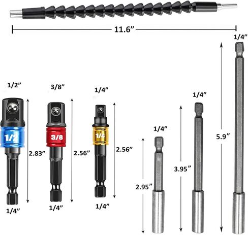 Impact Grade Driver Sockets Adapter Drill Extension Set: 3Pcs 1/4 3/8 1/2" Hex Shank Nut Driver Bit,105 Degree Right Angle Screwdriver Attachment,Flexible Drill Shaft Extension Bit,Magnetic Bit Holder in Kuwait