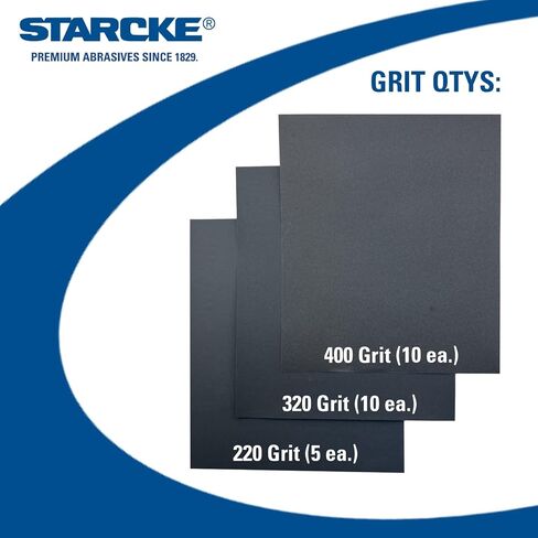 حزمة Starcke Premium 25ct للمقاولات (220Grit، 320Grit، 400Grit) أوراق صنفرة من كربيد السيليكون المقاومة للماء مقاس 9 × 11 بوصة وزن - رطبة وجافة للحجر والمعادن والجسم التلقائي والطلاء والبرايمر والبحرية in Kuwait