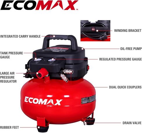 ECOMAX 6 Gallon Pancake Air Compressor, Max 150 PSI Pressure, 2.6 CFM @90 Psi, 1.0 HP Portable Oil Free Long Life Electric Air Compressor for Home and Jobsite, Red Model: 0210673 in Kuwait