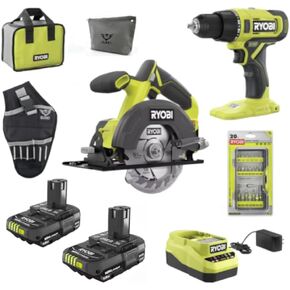 RYOBI 18V Cordless 2-Tool Combo Bundle with Drill & Circular Saw, (2) 1.5 Ah Batteries, Charger, Tool Bag, Impact Rated 20 Piece Drill Bit Set, Plus Buho Drill Holster and Buho Zipper Tool Pouch in Kuwait