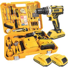 مجموعة أدوات CANBRAKE 21 فولت مع مثقاب، 119 قطعة مجموعة أدوات كهربائية، عزم دوران 320 رطل 0-1350RMP سرعة ستبليس، ظرف بدون مفتاح 3/8 بوصة 25+1 قابض، بطارية 1.5 أمبير × 2 ومجموعة أدوات شاحن منزلية لصيانة الإصلاح in Kuwait