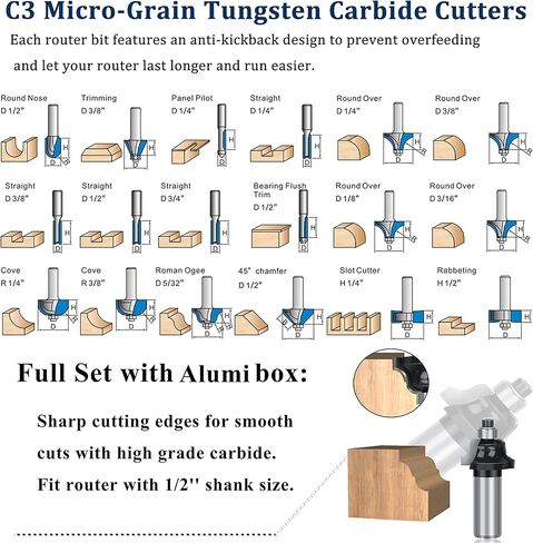 TAIWAIN 1/2 بوصة شانك راوتر بت لوحة قطع الخشب 37 قطعة، قاطع خشب النجارة، أداة طحن اللسان أخدود كربيد الخشب، لقم توجيه باب الخزانة (F-XB2-2) in Kuwait