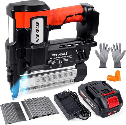 مسدس مسامير لاسلكي 21 فولت 2 في 1 مقياس 18 يعمل بالبطارية ببطارية 2.0 امبير في الساعة، شاحن سريع، 2000 مسمار ودبابيس، سدادات أذن، مسدس دبابيس كهربائي للاثاث والنجارة in Kuwait