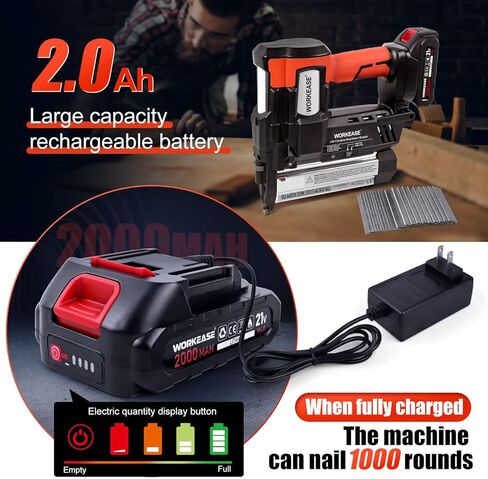 مسدس مسامير لاسلكي 21 فولت 2 في 1 مقياس 18 يعمل بالبطارية ببطارية 2.0 امبير في الساعة، شاحن سريع، 2000 مسمار ودبابيس، سدادات أذن، مسدس دبابيس كهربائي للاثاث والنجارة in Kuwait